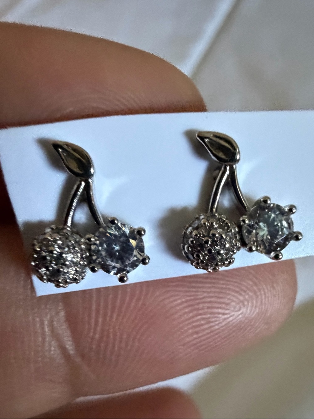 Sparkling Silver Cherry Stud Earrings with Clear Crystals